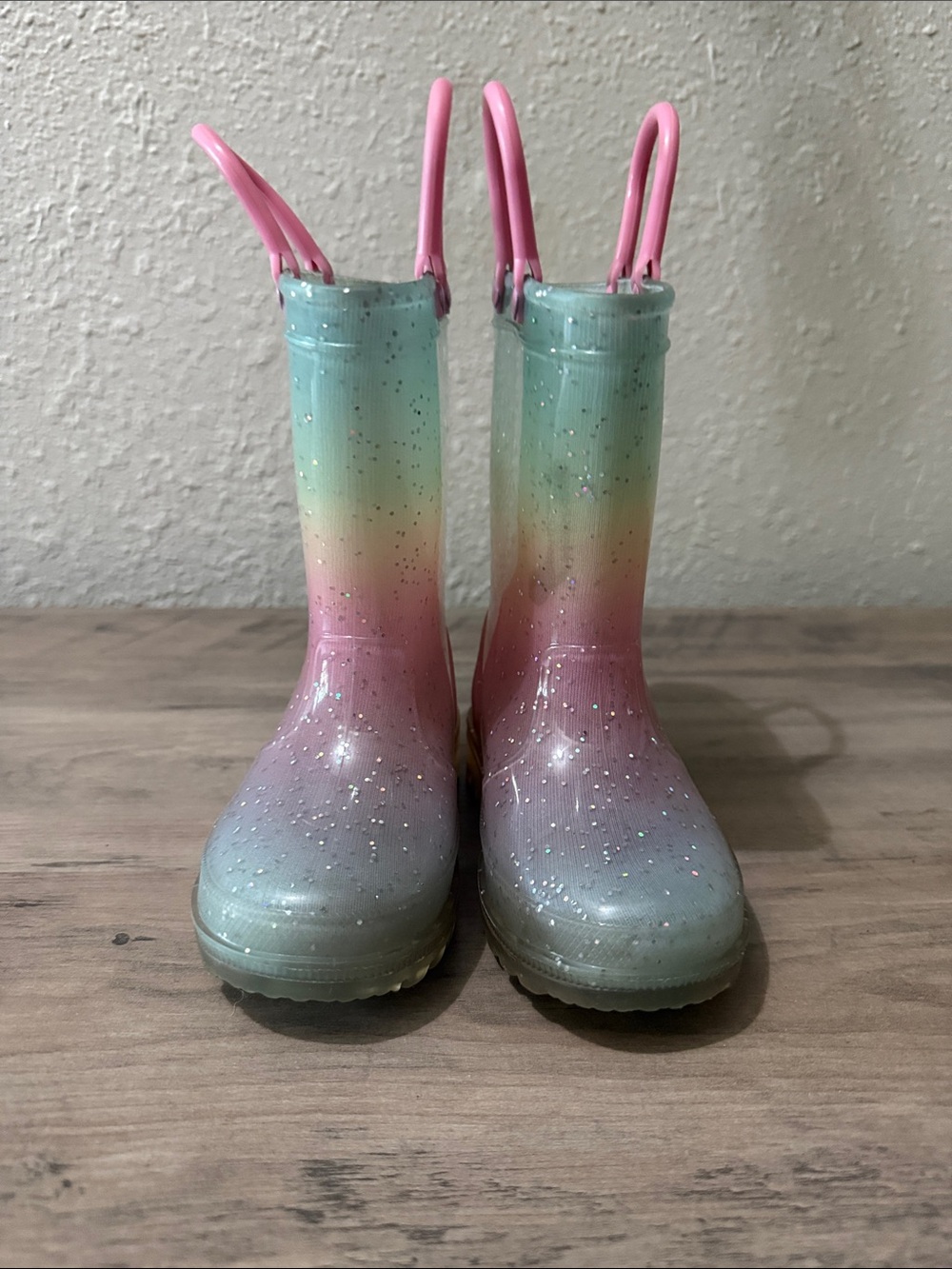 Pastel Rainbow Kids Rain Boots with Pink Pull Tabs